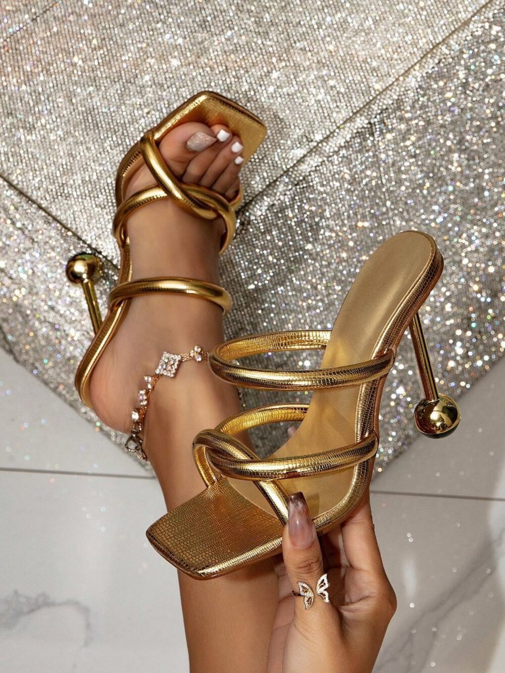 Gold Elegant Women's  Mule High Heel Sandals